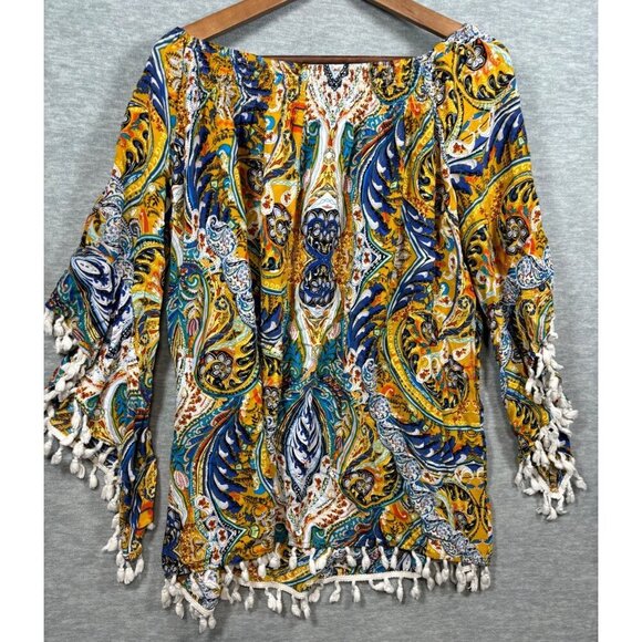 Umgee Womens Colorful Boho Style Blouse‎ Tassels Size L - Picture 7 of 7